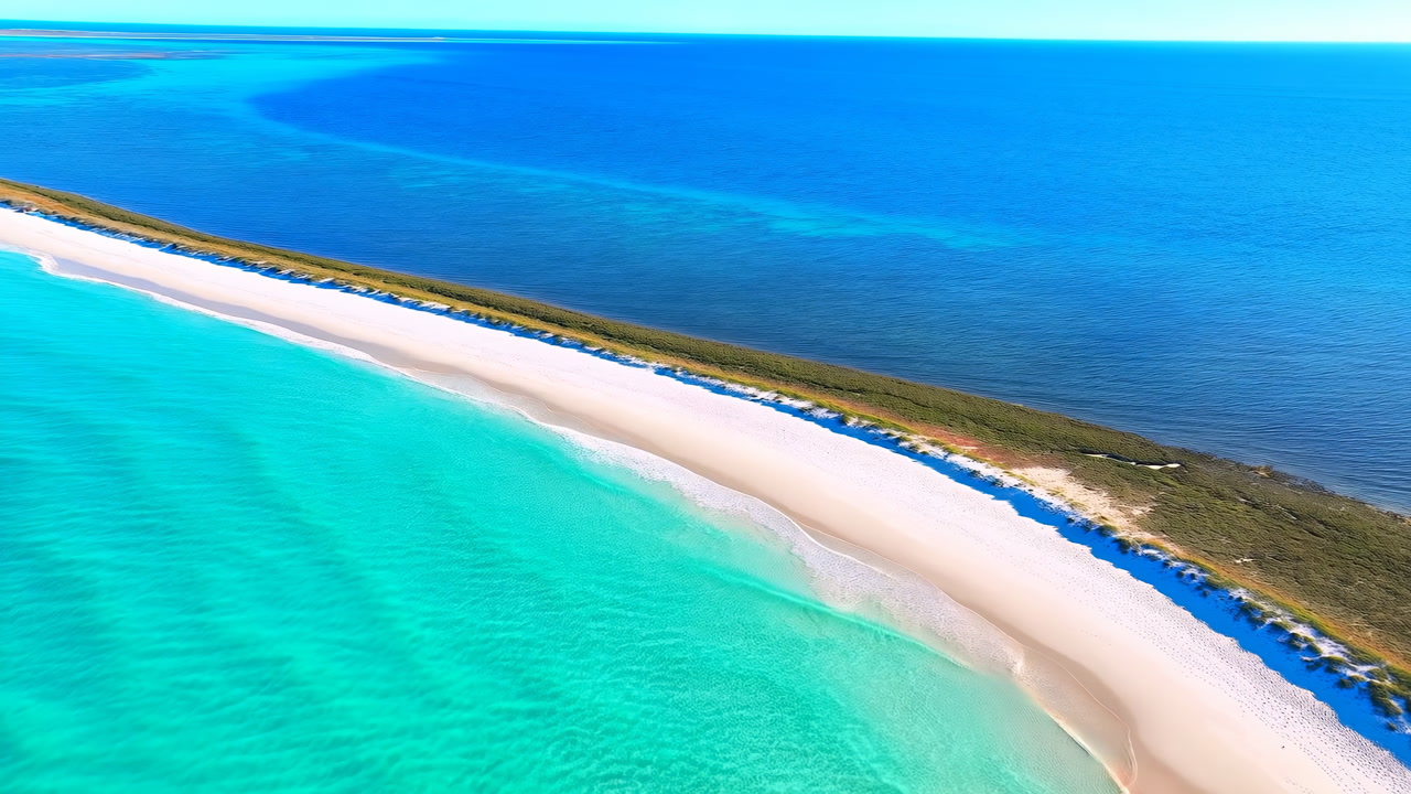 Aerial Turquoise Beach With White Sand, Curving Coastline And Clear Shallow Water, Dune Vegetation Lining