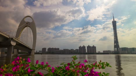 cloudy day guangzhou city famous canton tower bridge bay flowers panorama 4k time lapse china