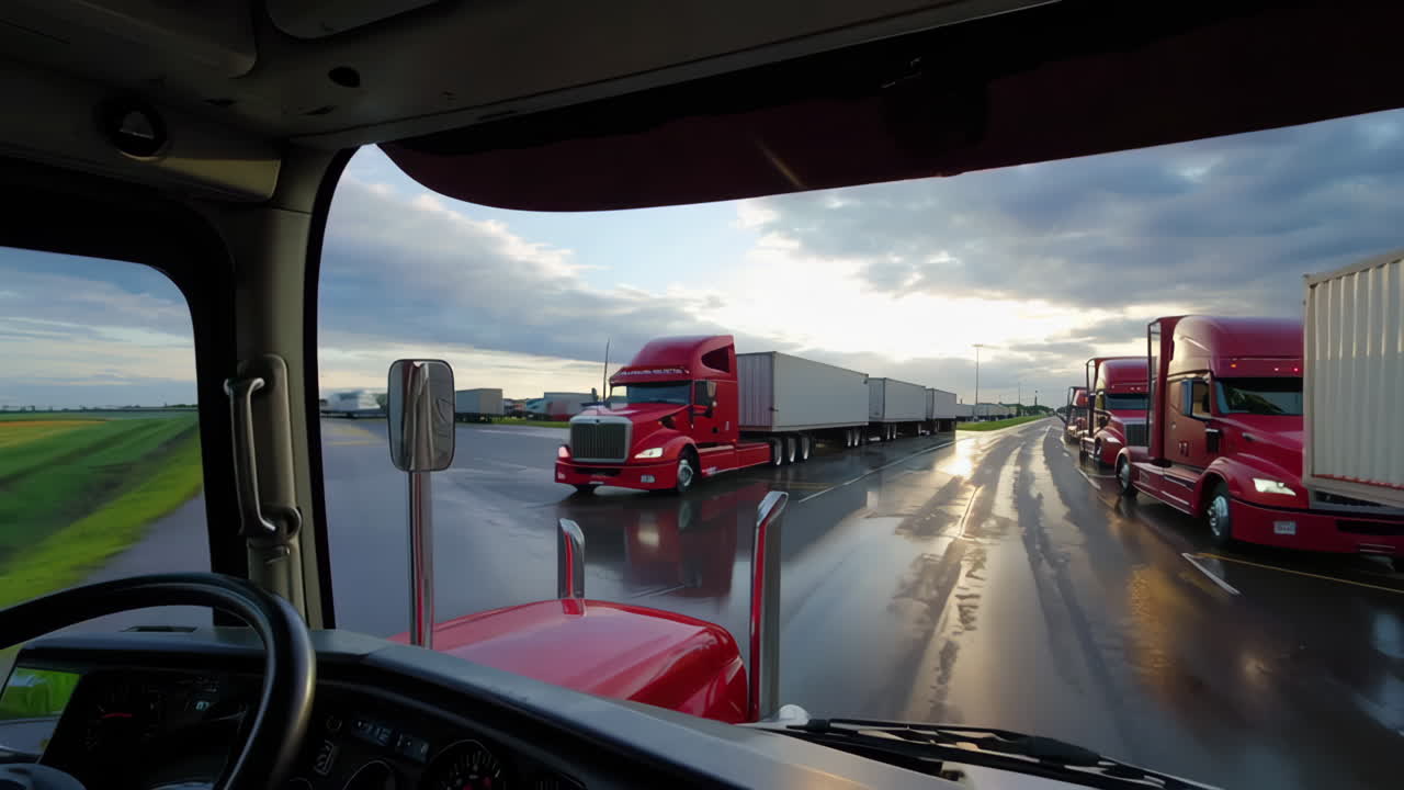 Udsigt fra en lastbilkabine på en våd motorvej ved solnedgang