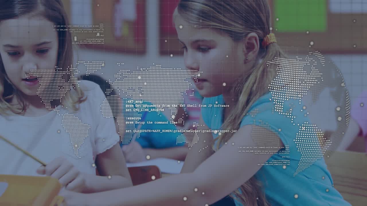 Girl in blue tee stretching arm to hand pencil, sliding eraser, writing notes for class activity