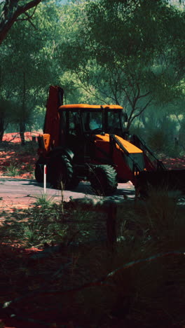 excavadora amarilla estacionada en un camino de tierra en el bosque australiano