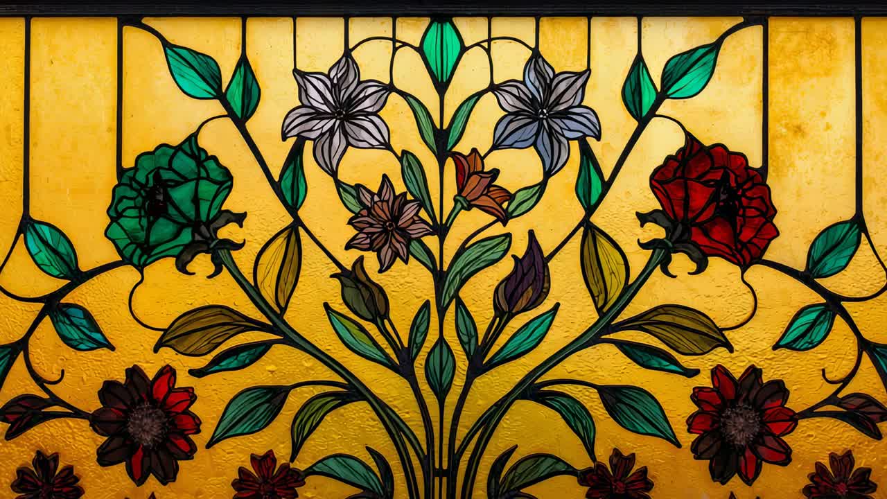 Holding camera steady on backlit stained glass panel inside building, with leaded botanical motifs