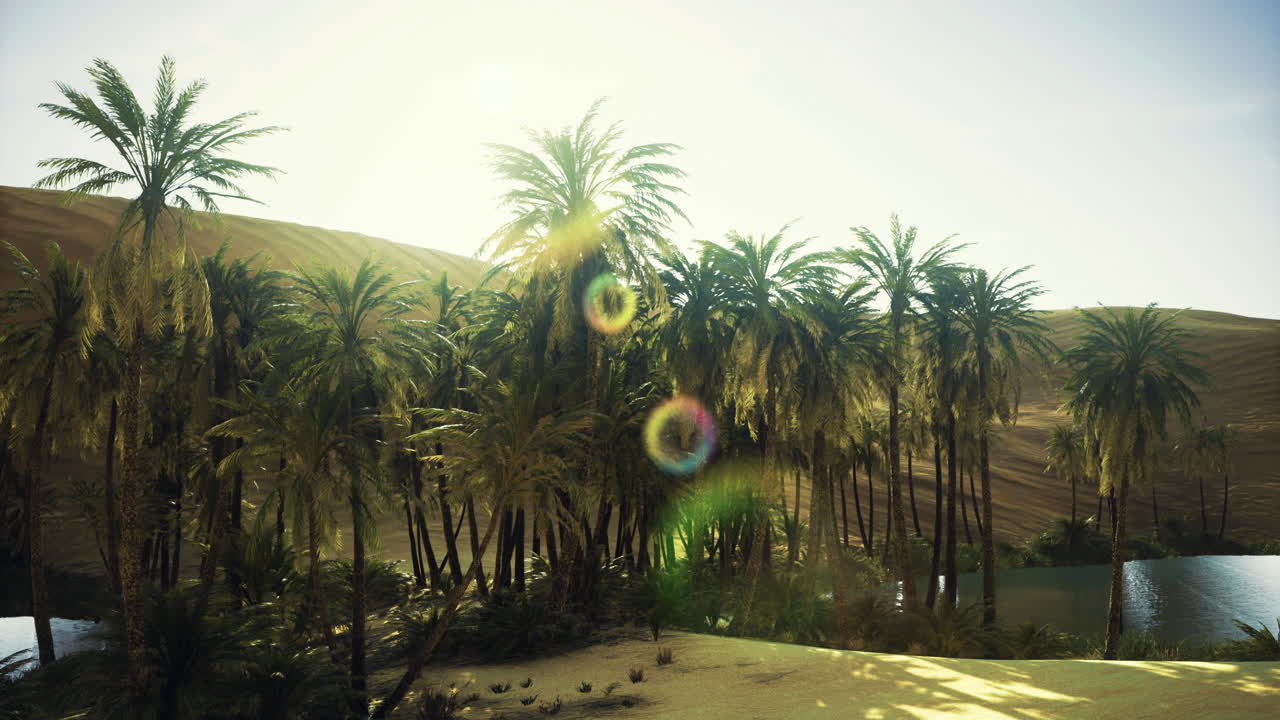 Lush palm trees beside a tranquil oasis in a vast desert landscape