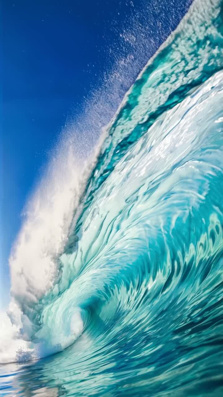 Dynamic low-angle shot of a crashing wave against a clear blue sky, capturing the power and beauty