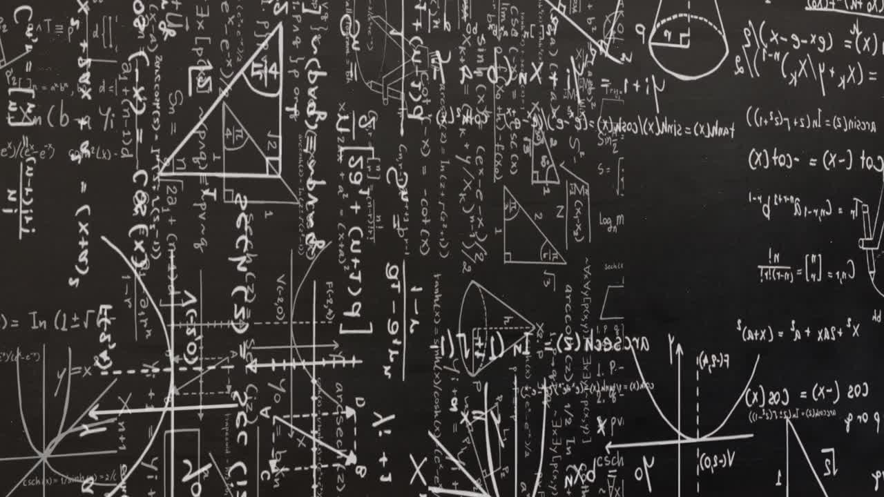 animación de fórmulas matemáticas blancas y dibujos geométricos en pizarra