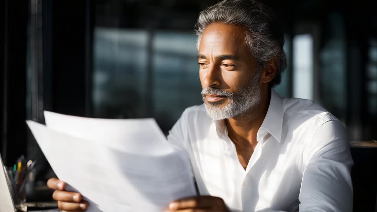 A contemplative man in a white shirt thoughtfully reviewing documents at a desk bathed in soft natural light, displaying a serene expression and a focus on the pages in front of him
