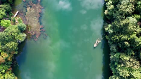 small boat sails on the turquoise waters of a shallow river that flows through a forest