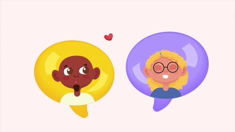 afro and blond lovers in speech bubbles