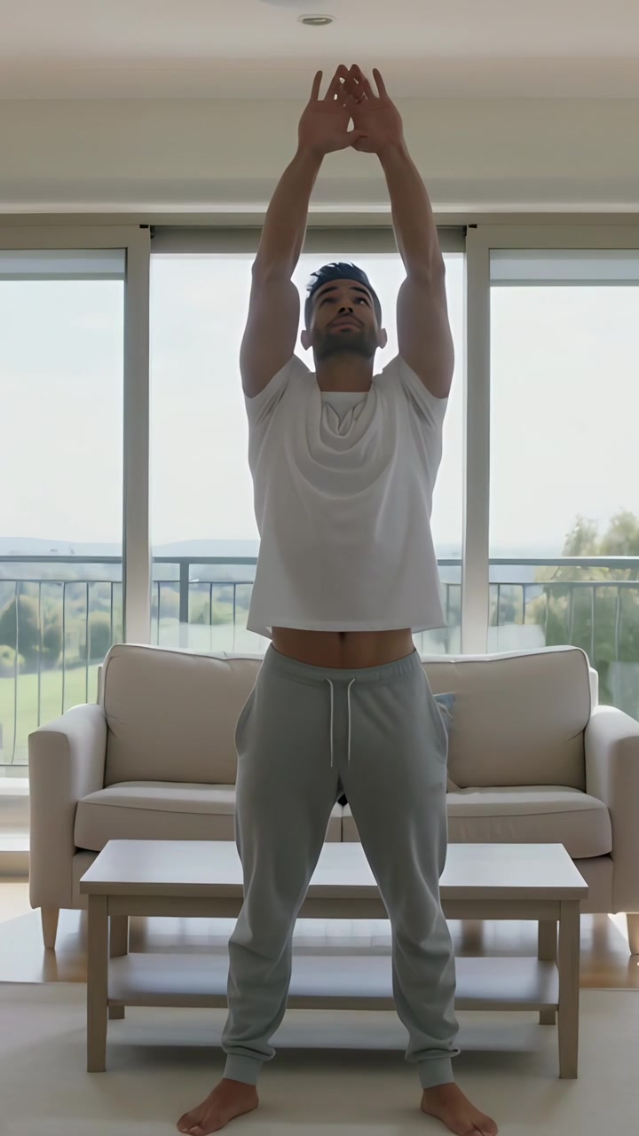 Vídeo vertical: Homem de camiseta começando a fazer elevações de braço para aquecimento em sala de estar com portas de vidro