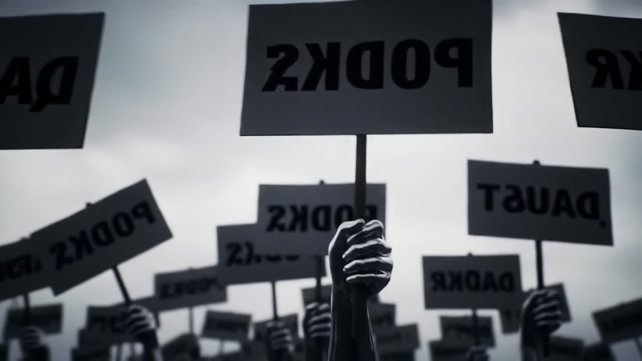 A Powerful Collective Protest: Hands Raised High with Signs Demonstrating Unity and Determination Against Injustice in a Striking Monochrome Setting
