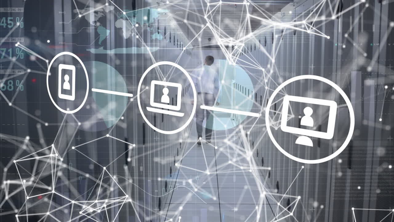 animación de iconos de medios y red de conexiones sobre el hombre caminando en la sala del servidor de computadora