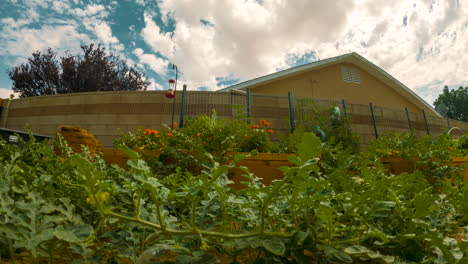Clouds-drift-over-the-house,-backyard-and-garden-in-this-sliding-motion-time-lapse