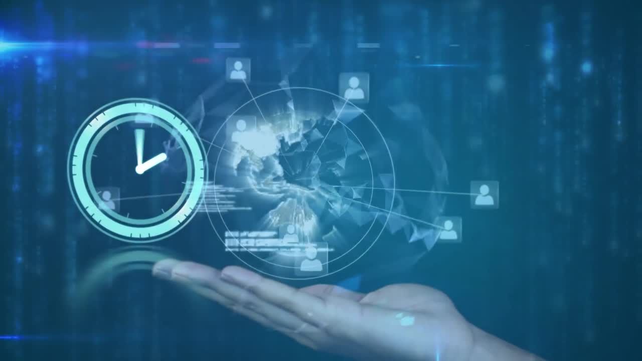 Animation of clock with networks of connections over globe