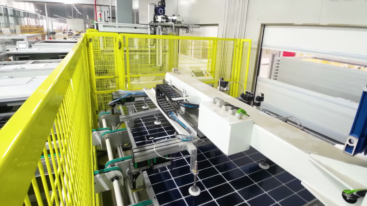 Automated solar panels being moved by robot arms on conveyor belts during high tech production process in renewable energy factory, Photovoltaic cells being placed on assembly lines