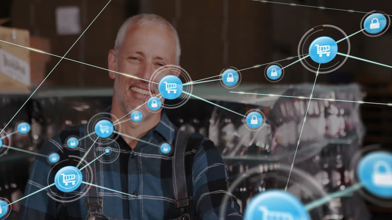 animación de la red de conexiones con iconos de carros de compras sobre el hombre caucásico en el almacén