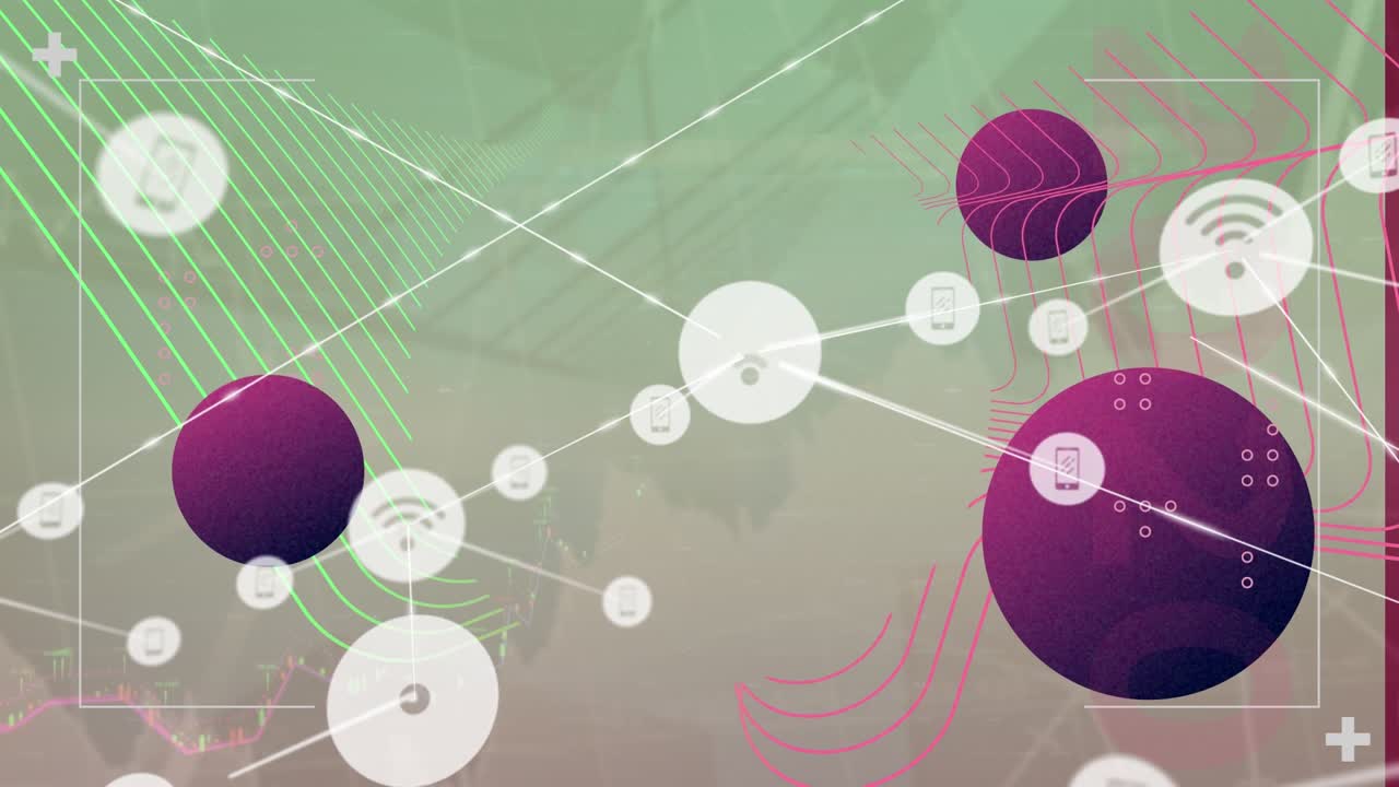Animation of digitally generated circle and wave patterns with computer icons connecting with lines