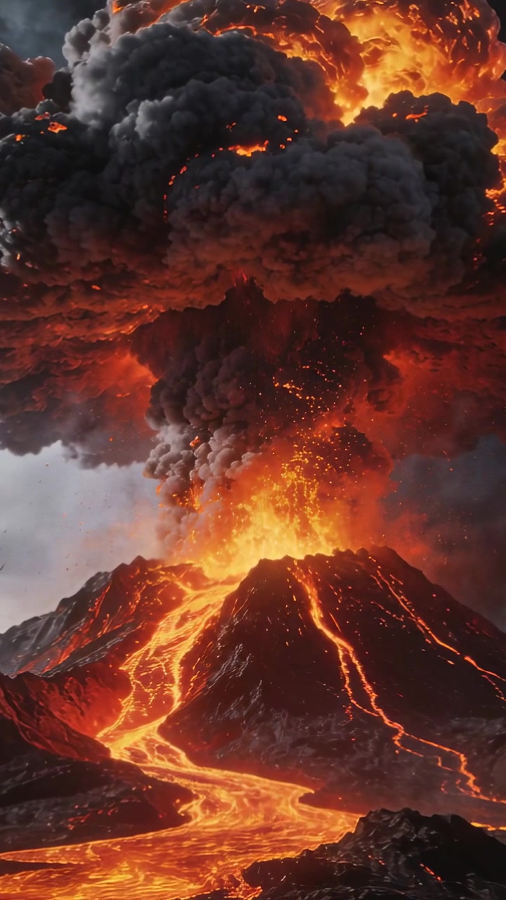Video verticale: Magma che sale spingendo uno stratovulcano in eruzione sul fianco del vulcano, che emette lava e cenere