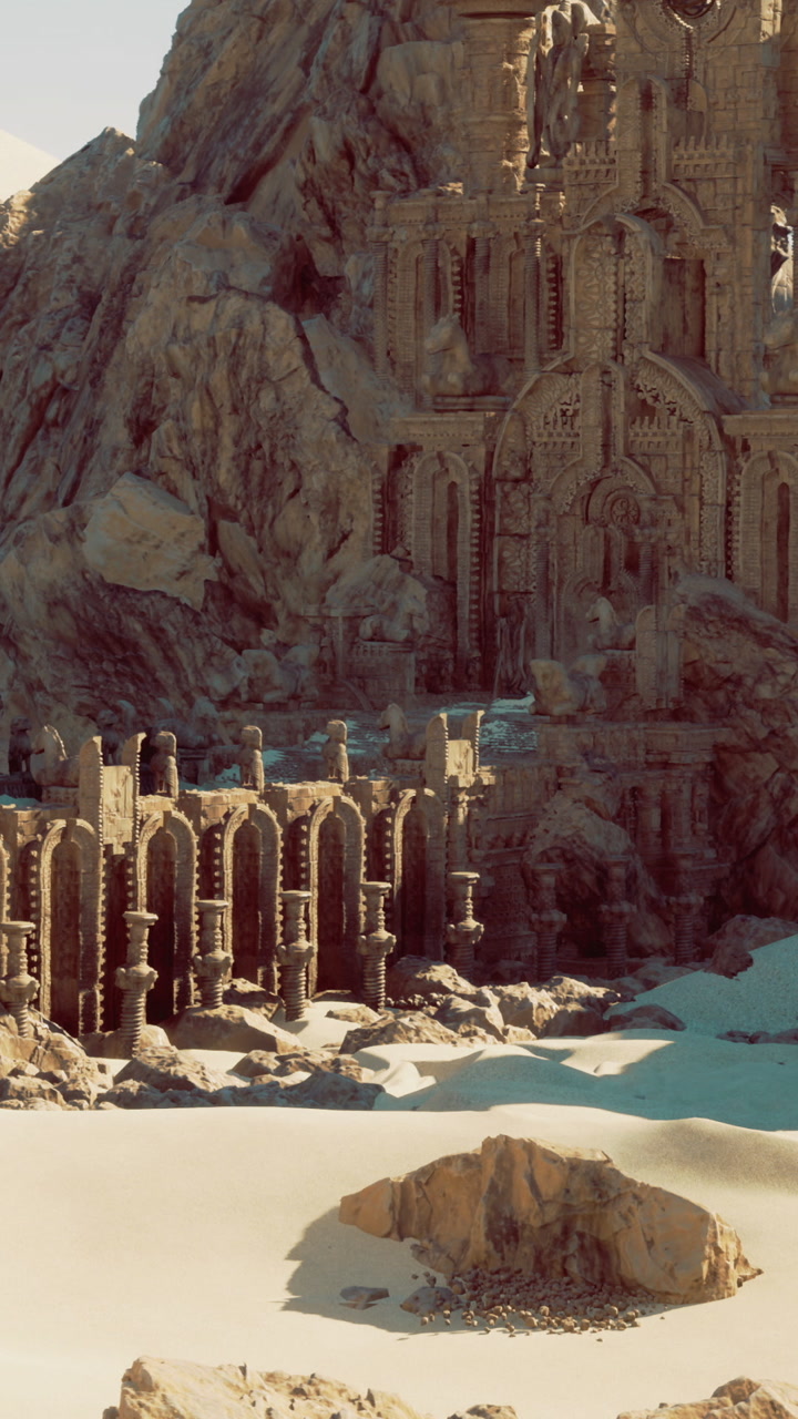 Ancient stone structure with rocky background and sand in the foreground