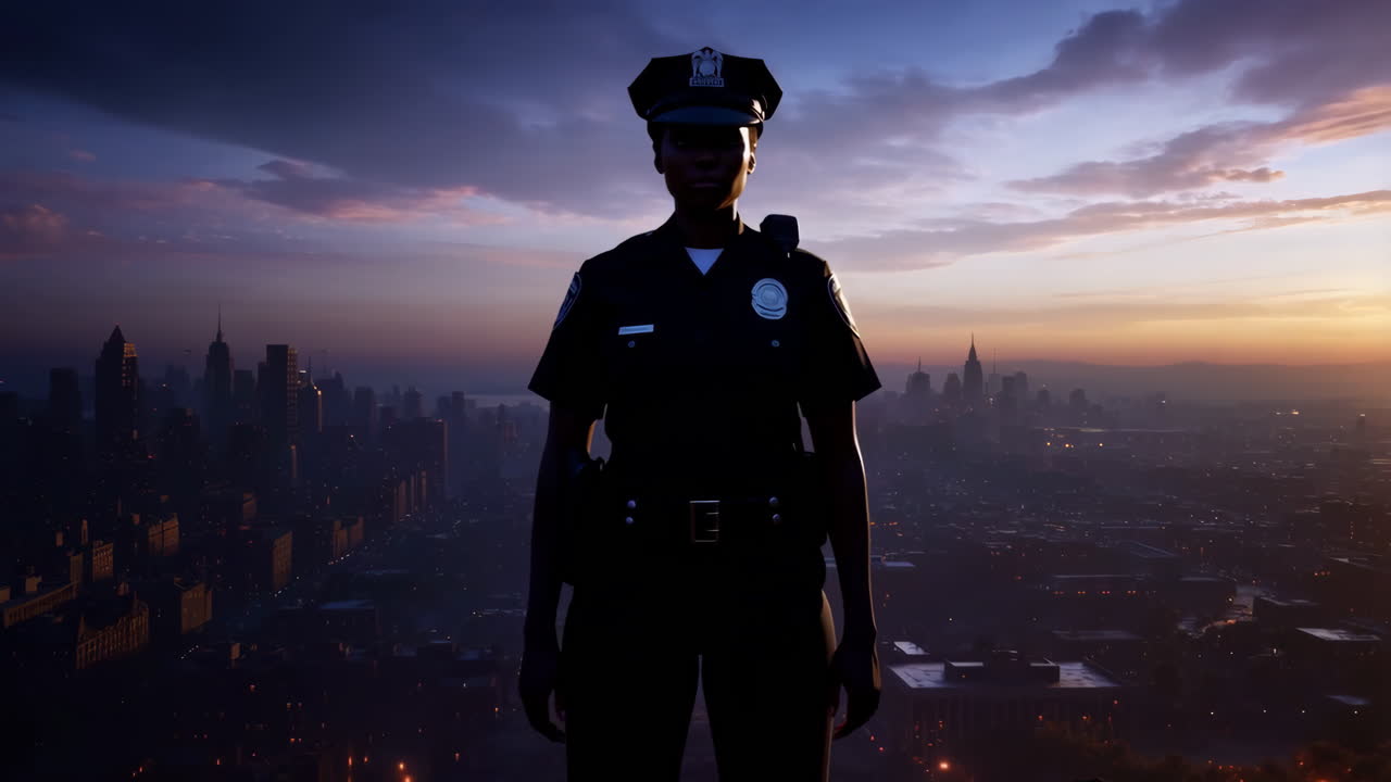 A police officer stands watch over the city at sunset