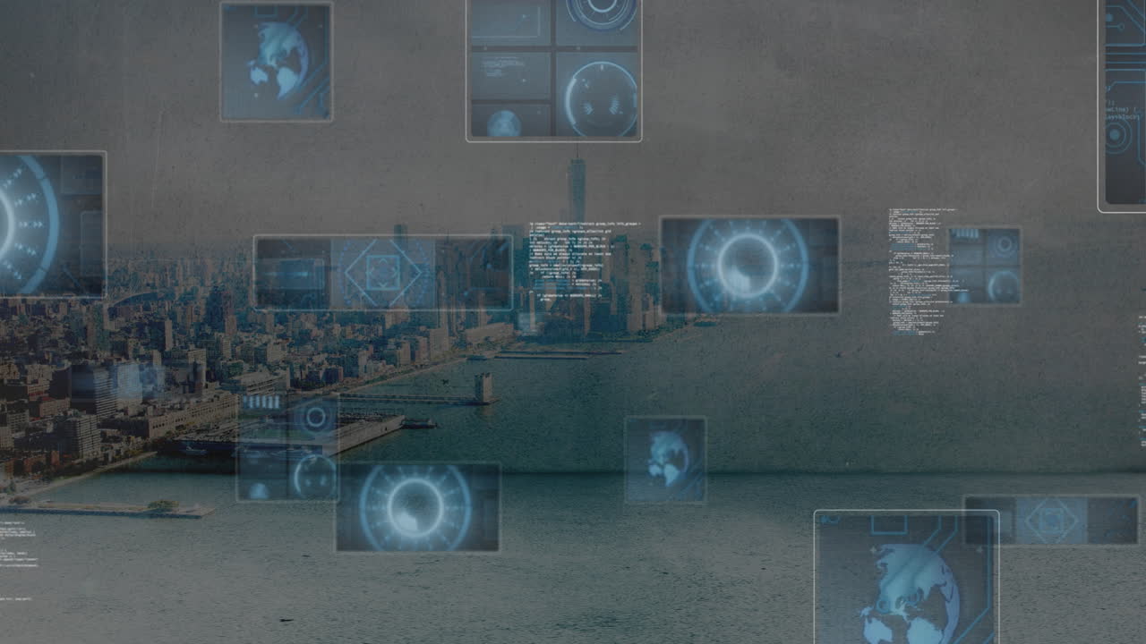 animación de múltiples escáneres redondos y procesamiento de datos contra la vista aérea del paisaje urbano.