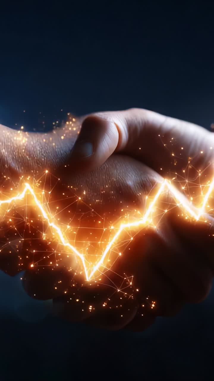 A Dynamic Handshake Illuminated by Sparkling Energy Lines Representing Connection and Vitality Between Two Individuals in a Dark Background
