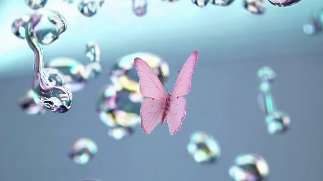 A surreal video concept with a close-up angle, featuring a pink butterfly amidst floating bubbles