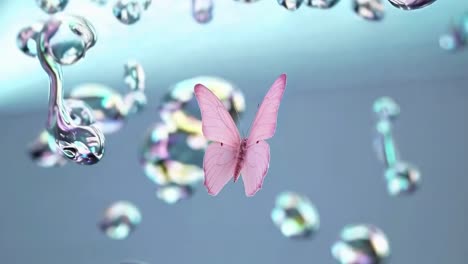 a surreal video concept with a close-up angle, featuring a pink butterfly amidst floating bubbles