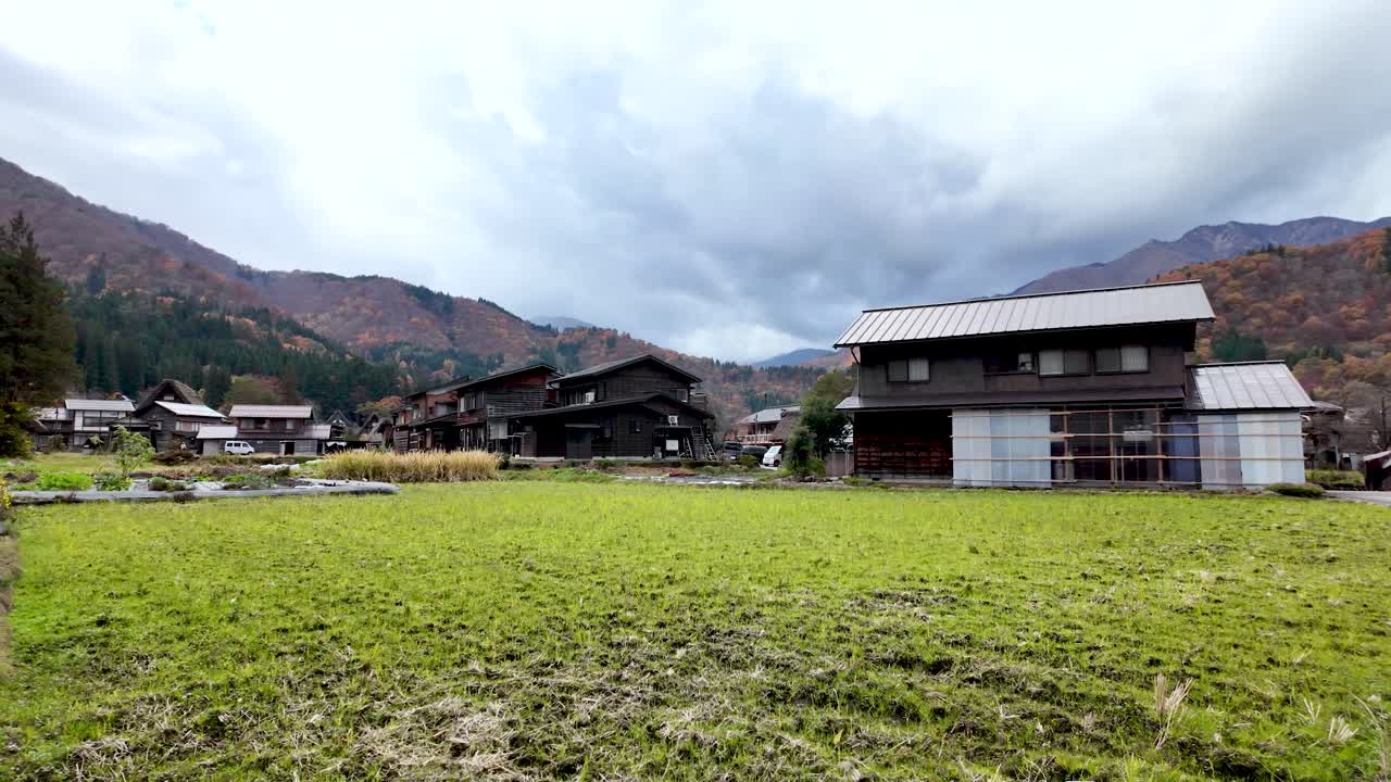Gassho style farmhouses in Shirakawa go, Japan, surrounded by colorful autumn foliage, create a picturesque scene