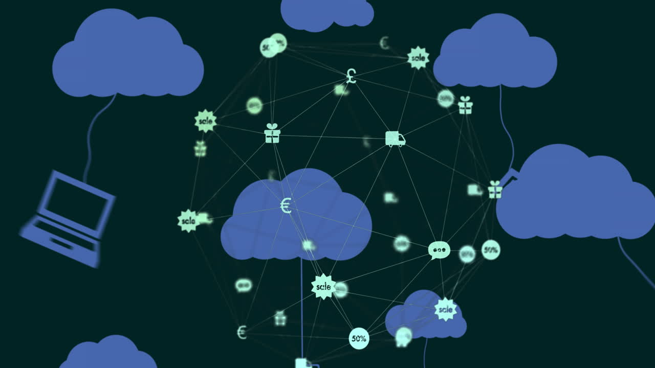Animation of icons hanging on clouds and interconnecting with lines against abstract background
