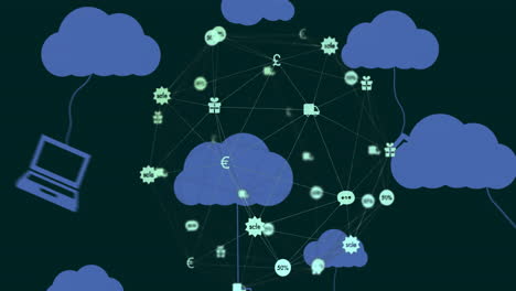 animation of icons hanging on clouds and interconnecting with lines against abstract background