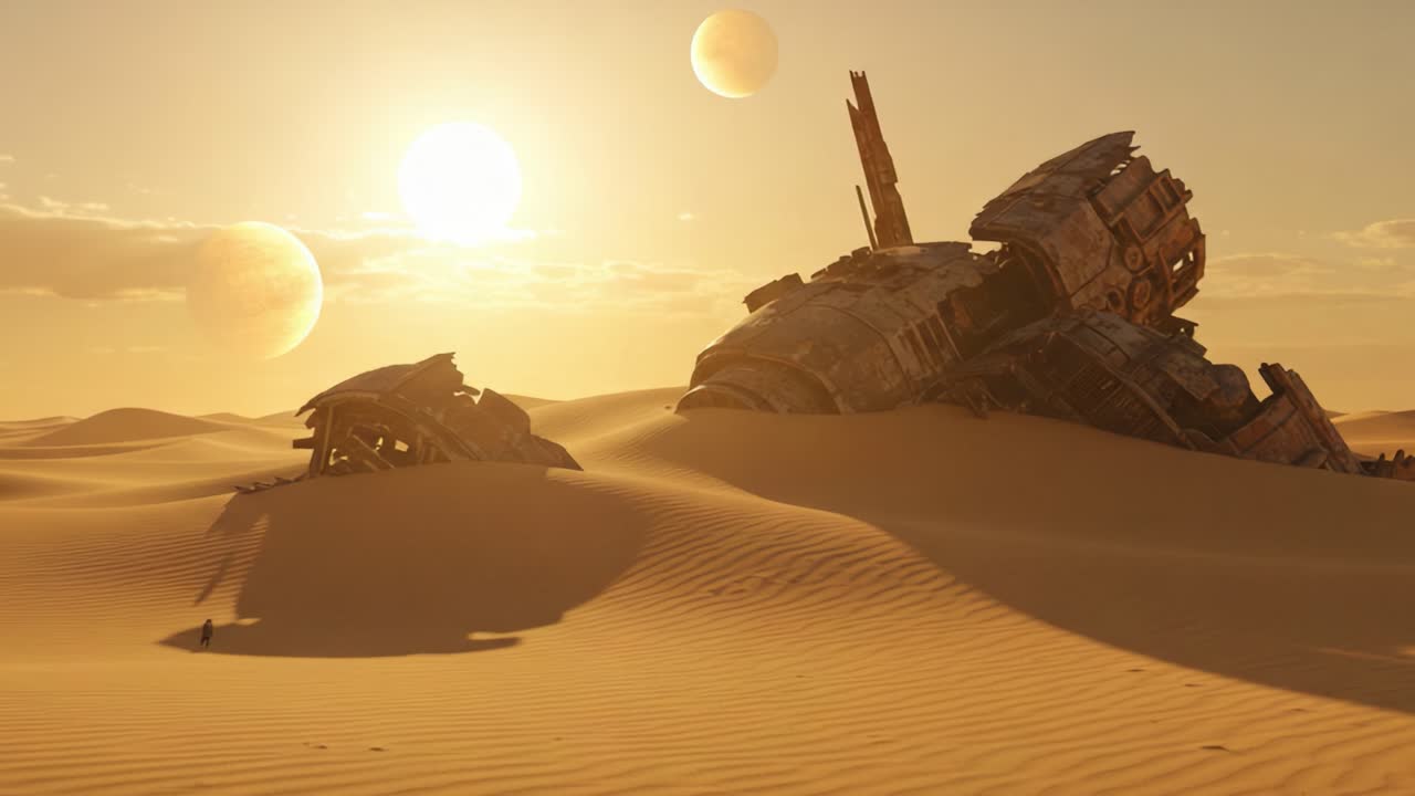 A Mysterious Desert Landscape Featuring Sunken Spacecrafts Amidst Expansive Sand Dunes and Celestial Bodies Illuminating the Horizon at Dusk or Dawn