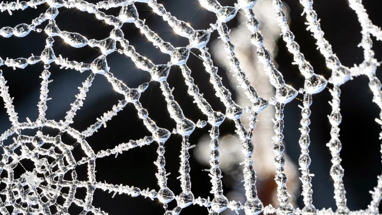Skiftende makrokamera afslører et radialt edderkoppespind i haven, der viser frost og en bleg lodret sløring.