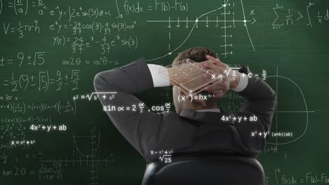 animation of icons and mathematical equations over caucasian businessman on green background