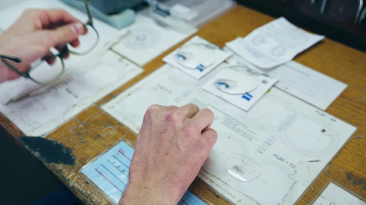 Technician works with glasses in the laboratory. Hands of a man taking off glass from old eyeglasses on the table.