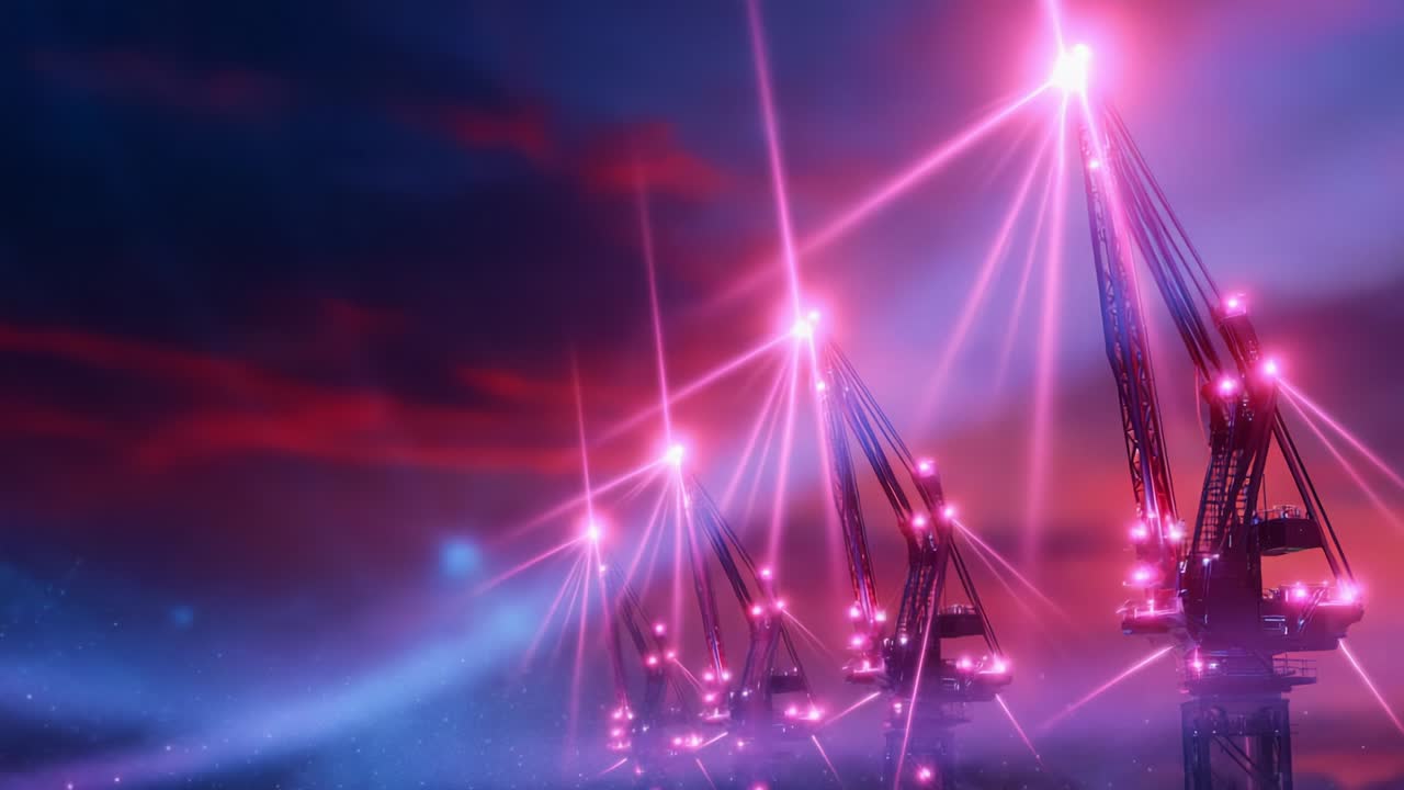 Illuminated cranes stand majestically against a vibrant twilight sky, showcasing their intricate designs and colorful lights as they create an enchanting atmosphere around a modern industrial landscape