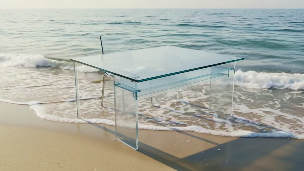 A Clear Glass Table Standing Alone on a Sandy Beach with Gentle Waves Lapping at Its Legs, Creating a Unique Contrast Between Nature and Modern Design