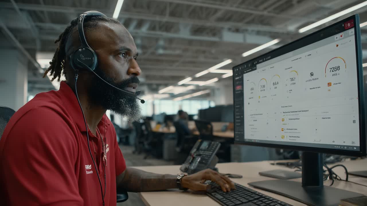 Focused Customer Service Agent Analyzing Performance Metrics While Engaging With Clients at Workstation in a Modern Office Environment