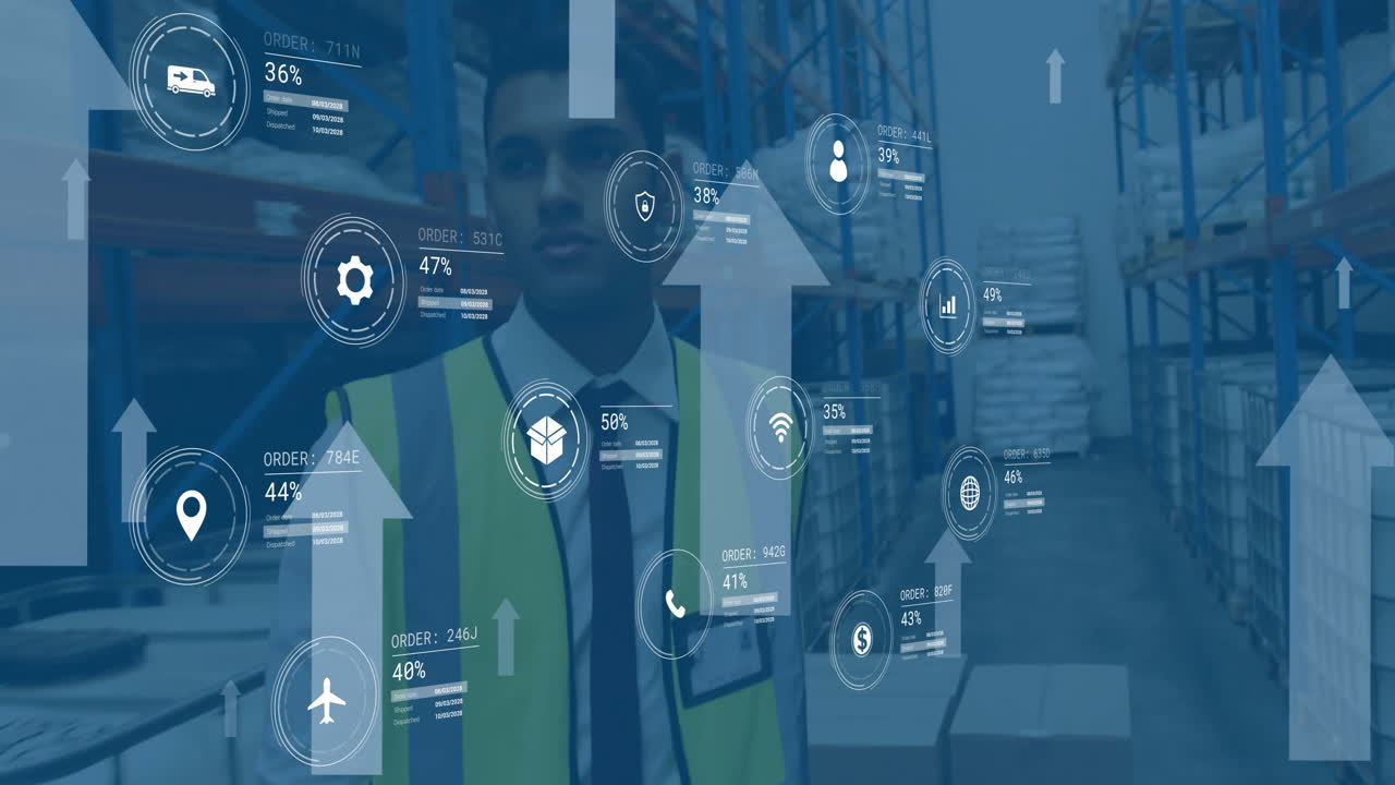 Animation of digital data processing over biracial man working in warehouse