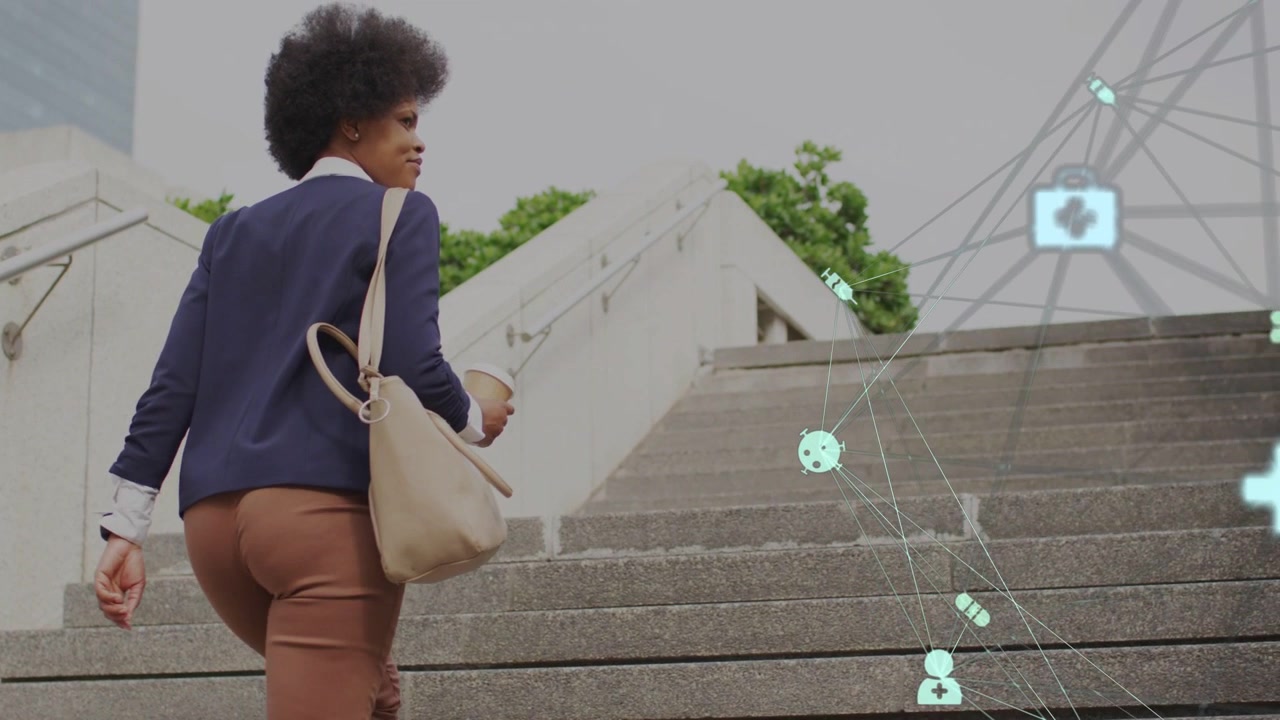 Woman climbing steps, holding coffee and bag, heading to work while health icons rising alongside
