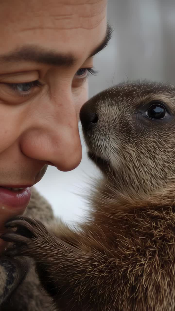 Video verticale: uomo piegato che avvicina il naso a un roditore che stringe un cappotto in un parco freddo, alla ricerca di un legame