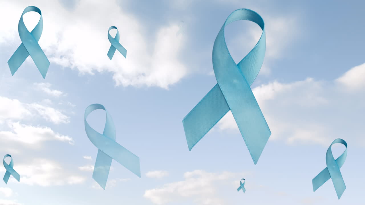 구름진 하늘 위에 파란 리본의 애니메이션