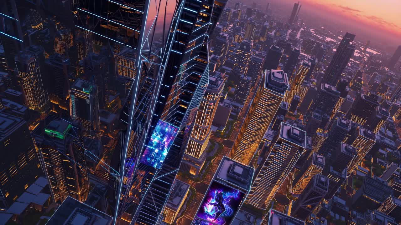 Futuristic cityscape at sunset, viewed from a high-angle