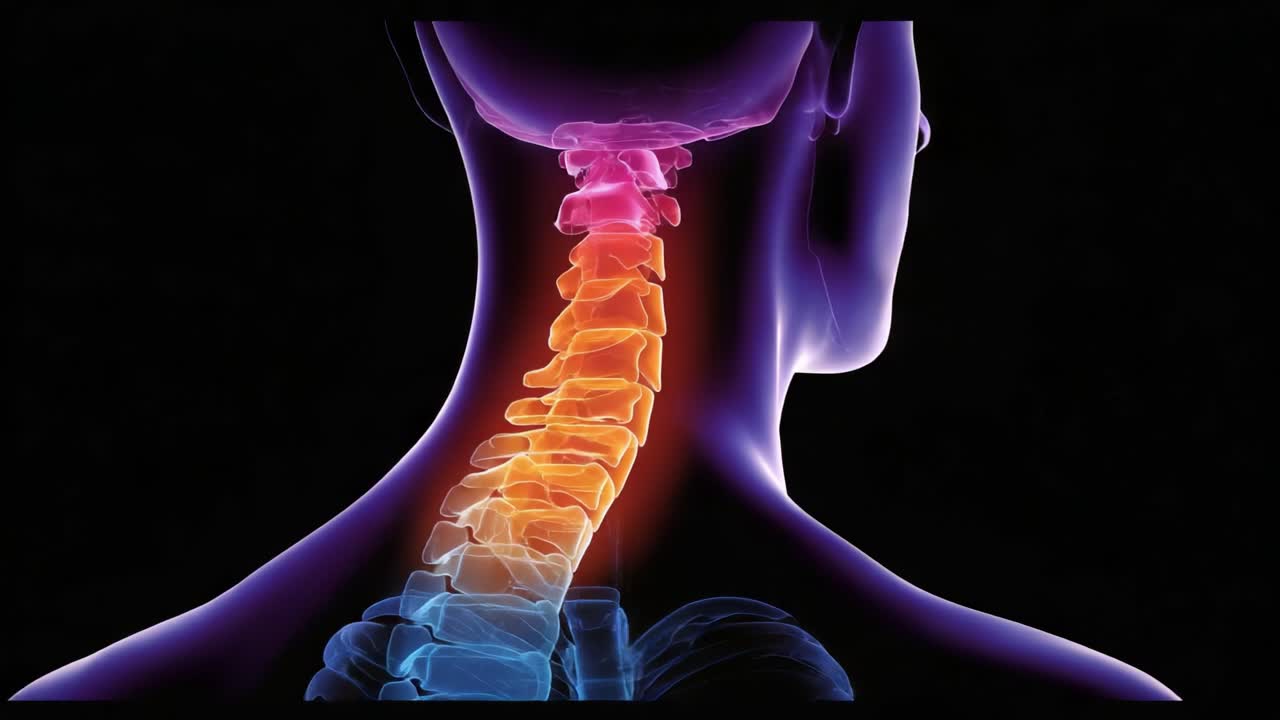 Una visualizzazione dettagliata della colonna vertebrale cervicale umana con sfumature colorate che evidenziano le vertebre e i percorsi nervosi nella zona del collo