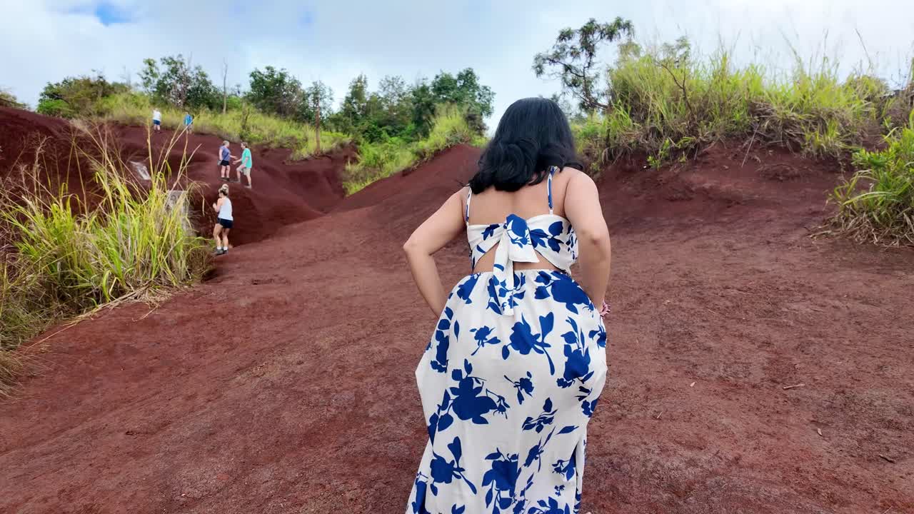 Young Beautiful young girl in a floral dress exploring red dirt waterfall in Waimea canyon in kauai, hawaii. The famous Red Dirt Falls, a cascading waterfall of fresh water in Waimea Canyon State Park