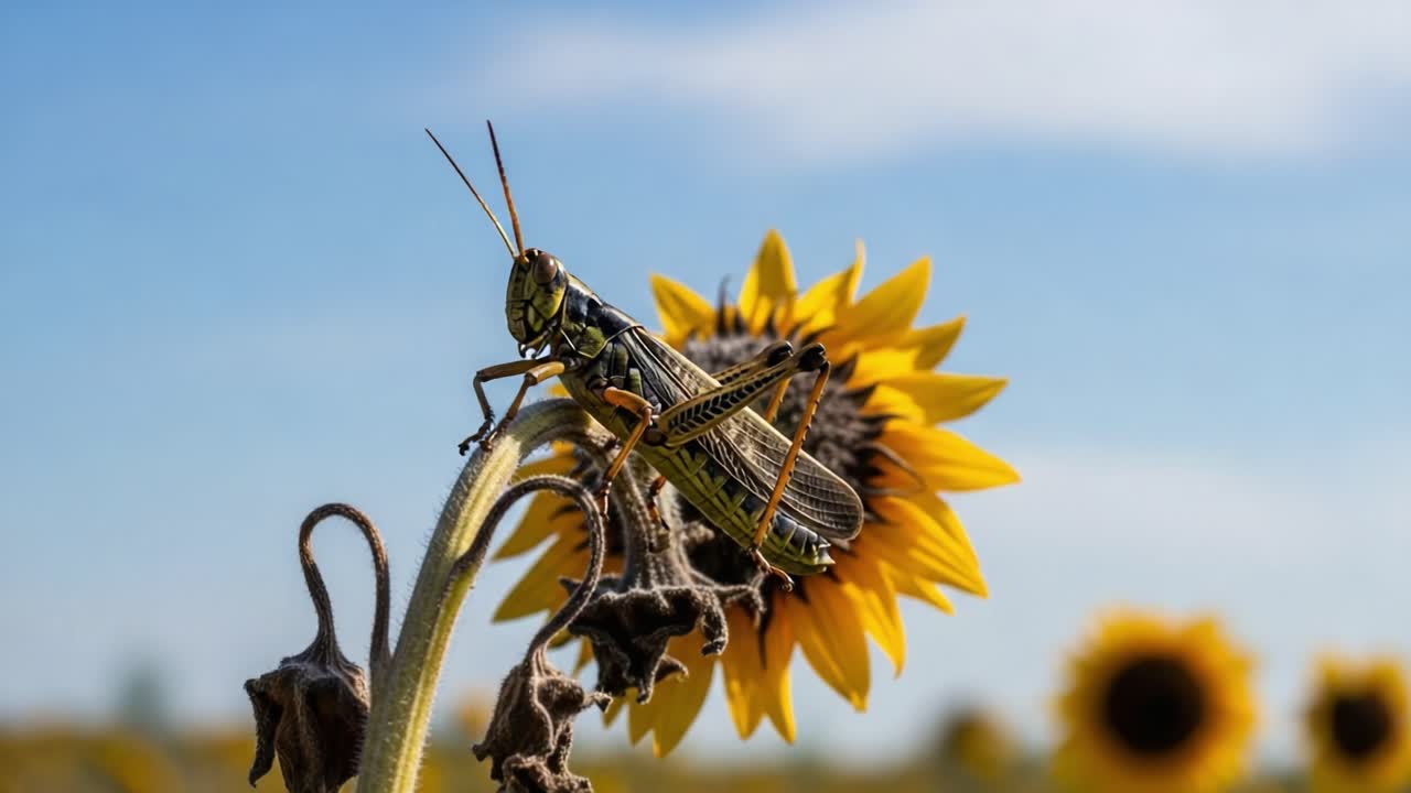 Close-Up of a Grasshopper Perched on a Sunflower with a Beautiful Blue Sky as the Backdrop, Showcasing Nature's Intricate Interplay Between Flora and Fauna