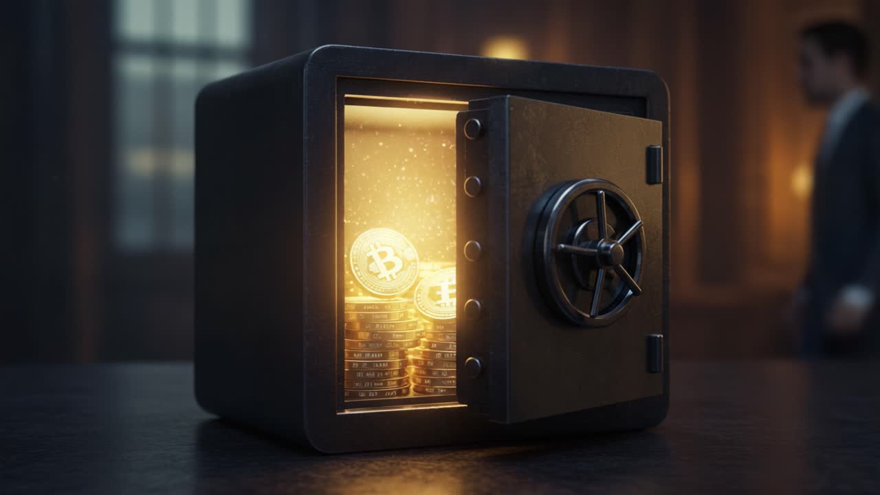 A Glorious Look Inside a Cryptocurrency Safe, Displaying Glimmering Coins and Highlighting the Modern Age of Digital Currency Storage and Security