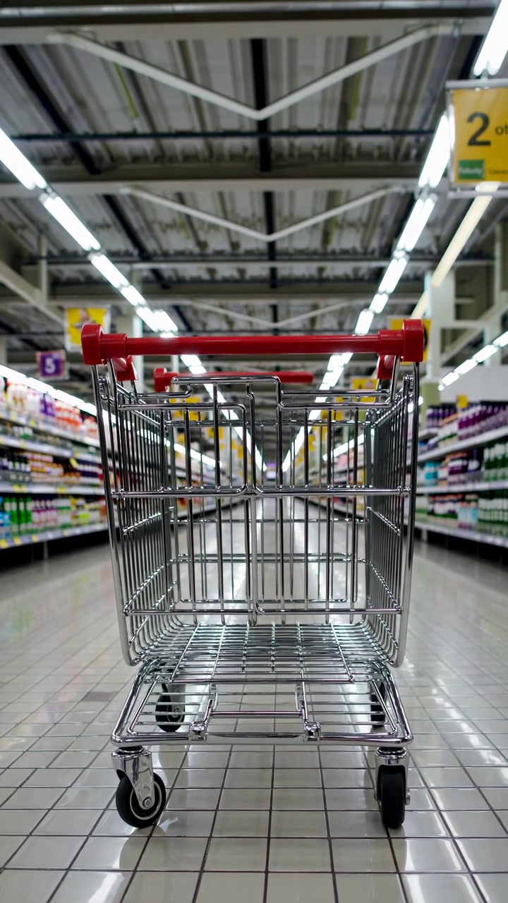 Empty Shopping Cart Standing in Supermarket Aisle