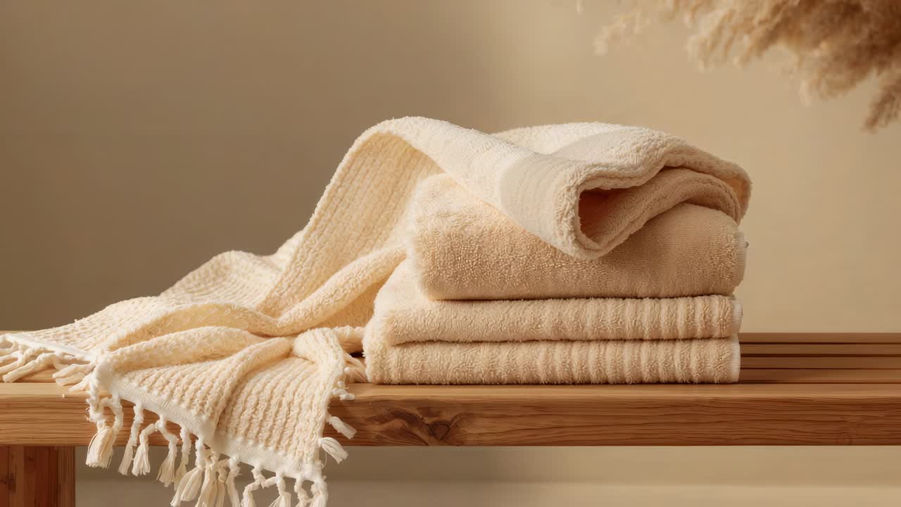 Angolazione della camera con inquadratura stretta su tre asciugamani beige piegati su una panca a listelli, che ne mette in risalto la texture