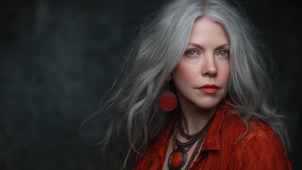 An Enigmatic Portrait of a Woman with Silver Hair, Eloquent Expressions, and Vibrant Accessories Captured in Two Frames, Exploring Beauty and Timelessness
