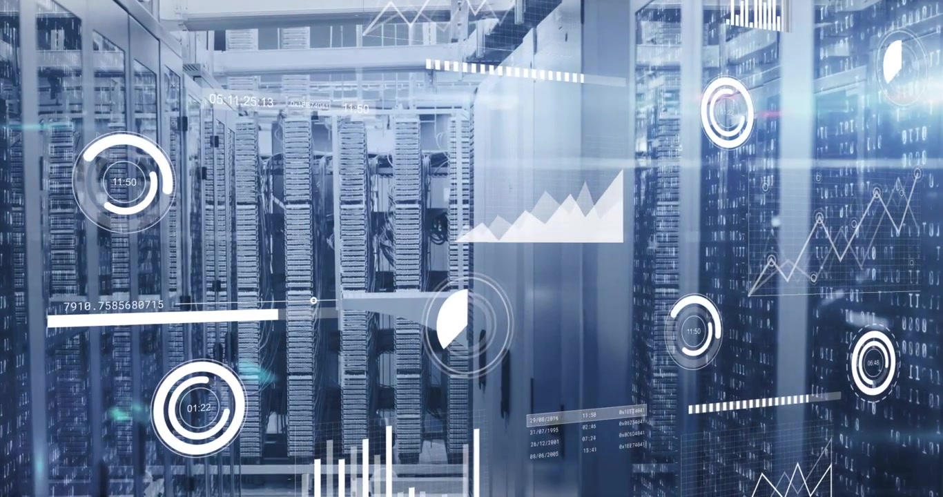 upon overlays appearing, racks lining aisle displaying data bars, pulsing charts for monitoring